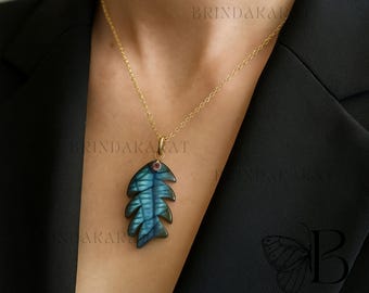 14k Gold Hand Carved Labradorite Fish Pendant, Gemstone Animal Charm