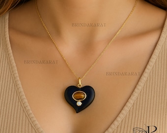 14K Gold Black Onyx Heart Pendant: Handmade Carved Gemstone Charm