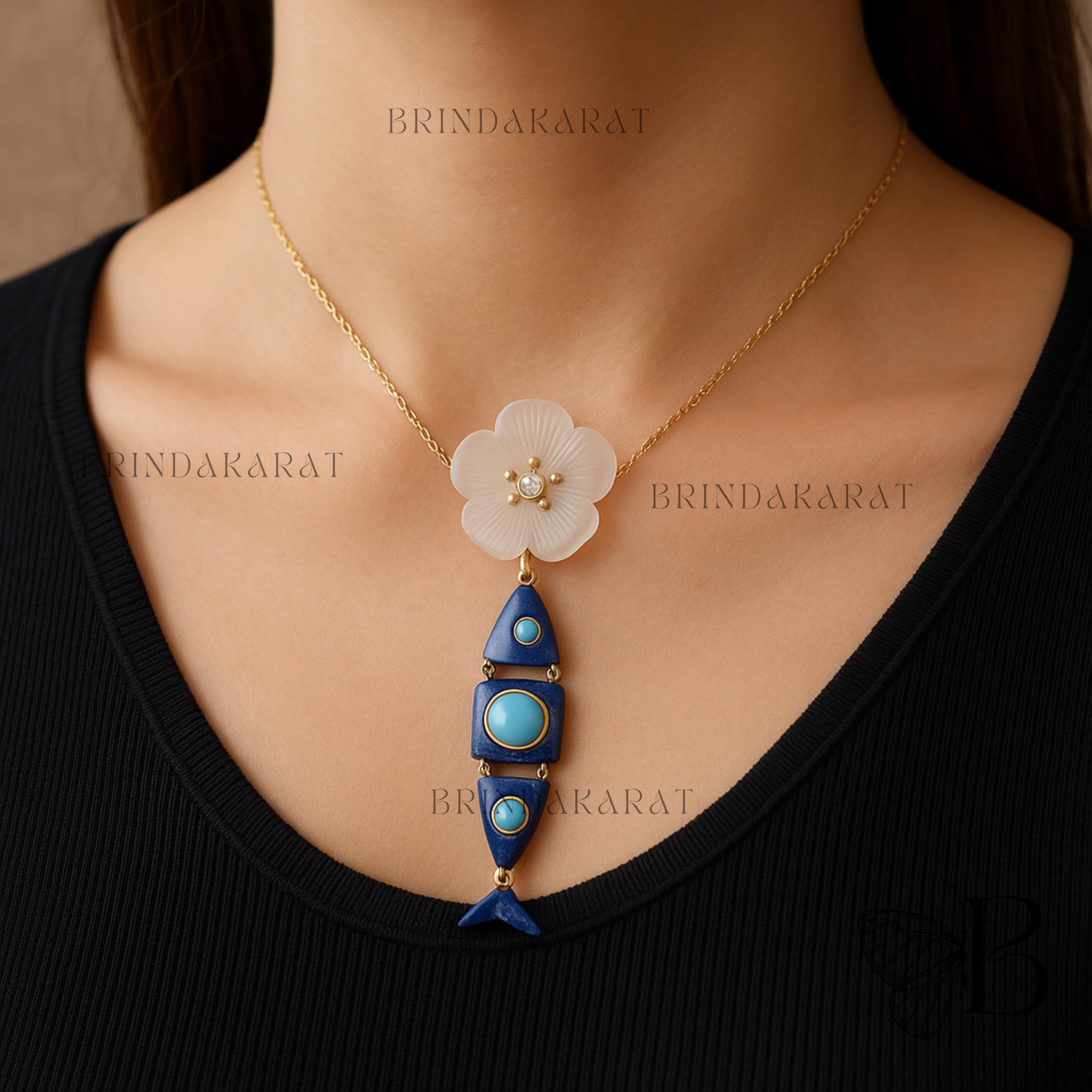 14k Gold Turquoise Fish Necklace: Carved Charm, Gemstone Flower - Brinda Karat | SKU: etsy_14k-gold-turquoise-fish-necklace-c 14k Gold Turquoise Fish Necklace: Carved Charm, Gemstone Flower - Brinda Karat | SKU: etsy_14k-gold-turquoise-fish-necklace-c