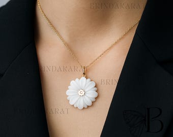 14k Gold Gemstone Flower Pendant, Hand Carved Blossom