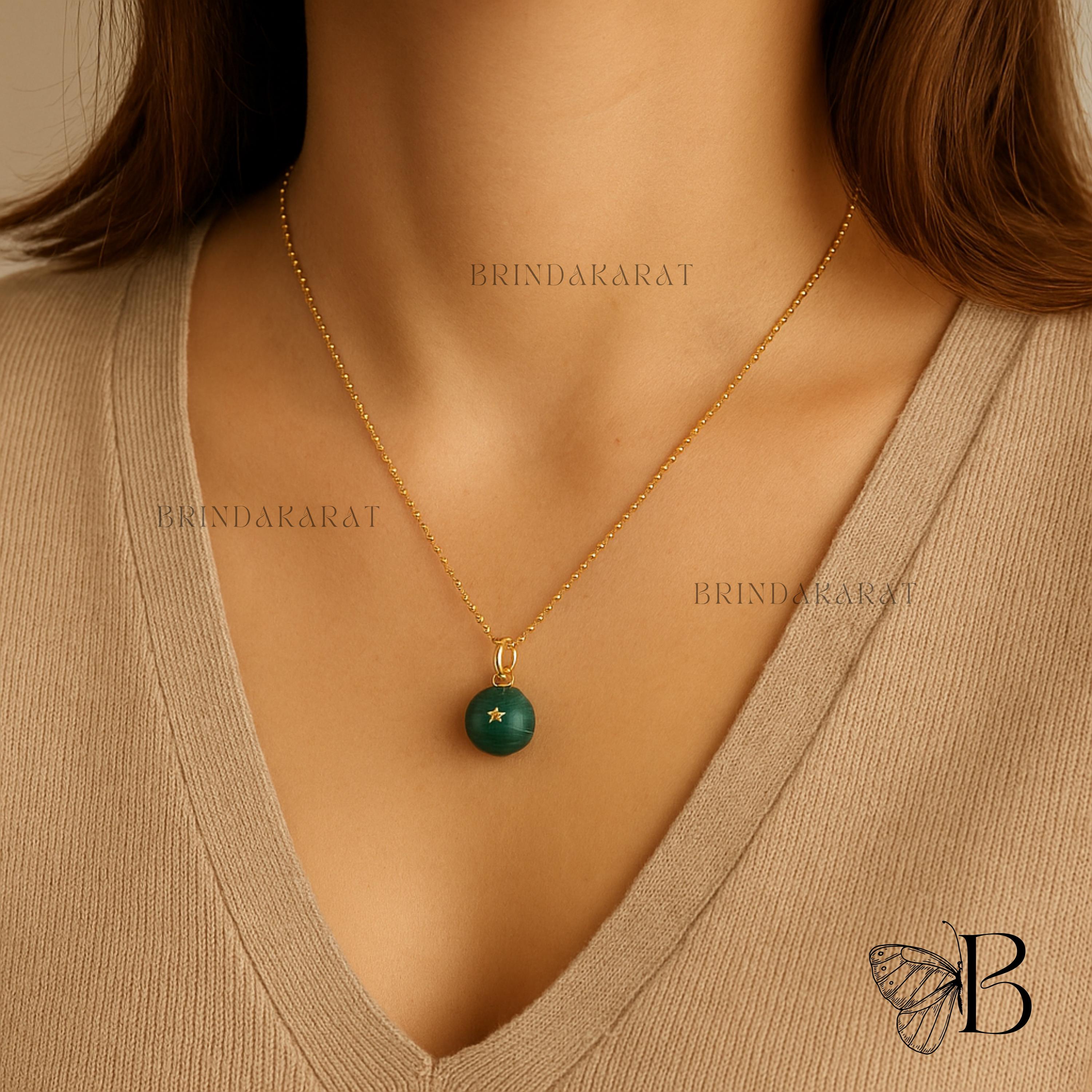 14k Gold Malachite Ball Pendant: Handmade Gemstone Necklace - View 2 - Brinda Karat | SKU: BKMJP4847-SLYGMK-25M 14k Gold Malachite Ball Pendant: Handmade Gemstone Necklace - View 2 - Brinda Karat | SKU: BKMJP4847-SLYGMK-25M