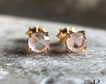 14k Gold Rose Quartz Stud Earrings, Round Cut Gemstone
