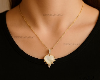 14k Gold Moonstone Heart Pendant: Dainty Gemstone Charm