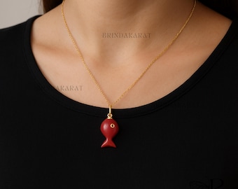 14k Gold Red Coral Fish Charm: Handmade Gemstone Pendant