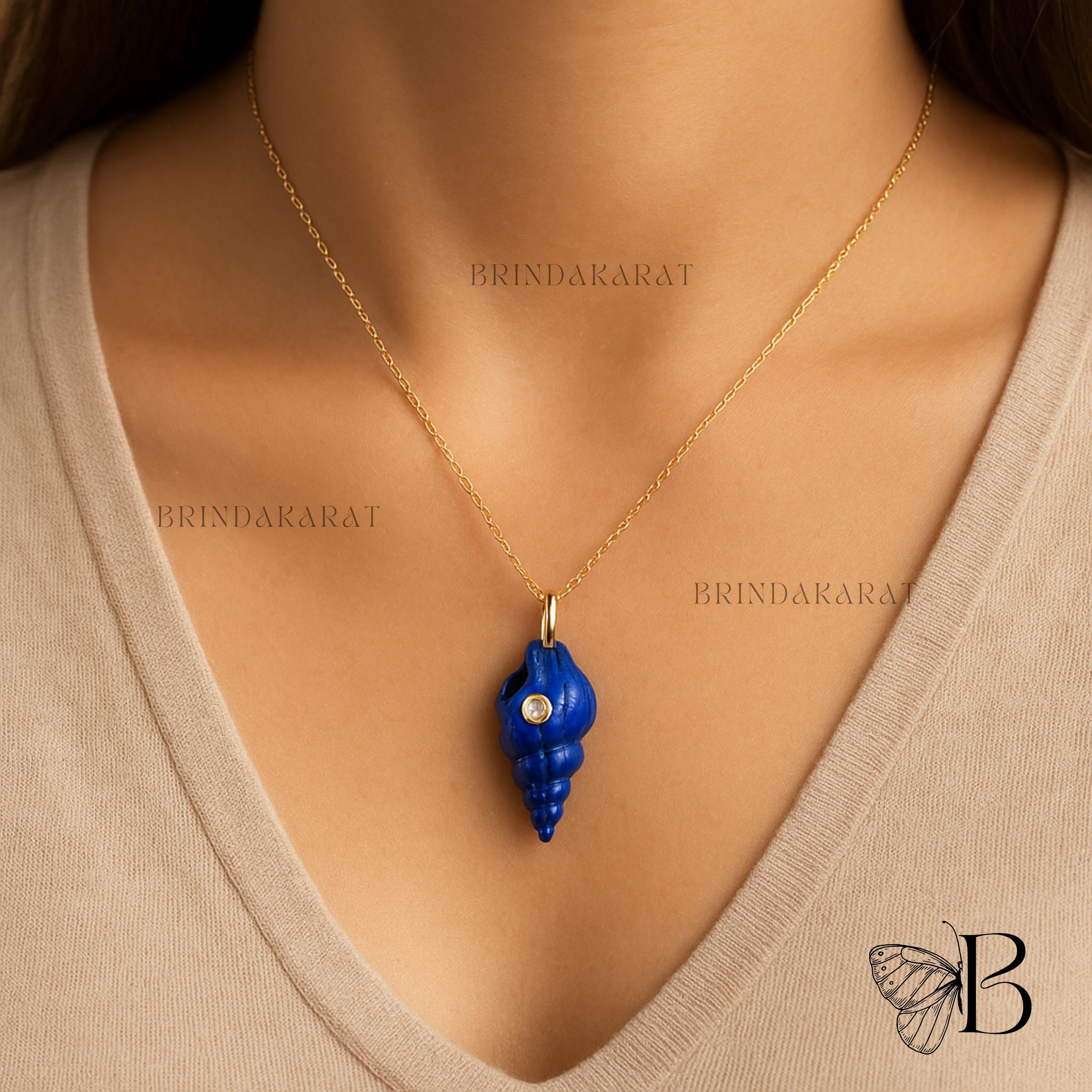14k Gold Gemstone Conch Shell Pendant - Hand Carved - View 2 - Brinda Karat | SKU: BKMJP4845-SLYGWDCZ-40M 14k Gold Gemstone Conch Shell Pendant - Hand Carved - View 2 - Brinda Karat | SKU: BKMJP4845-SLYGWDCZ-40M