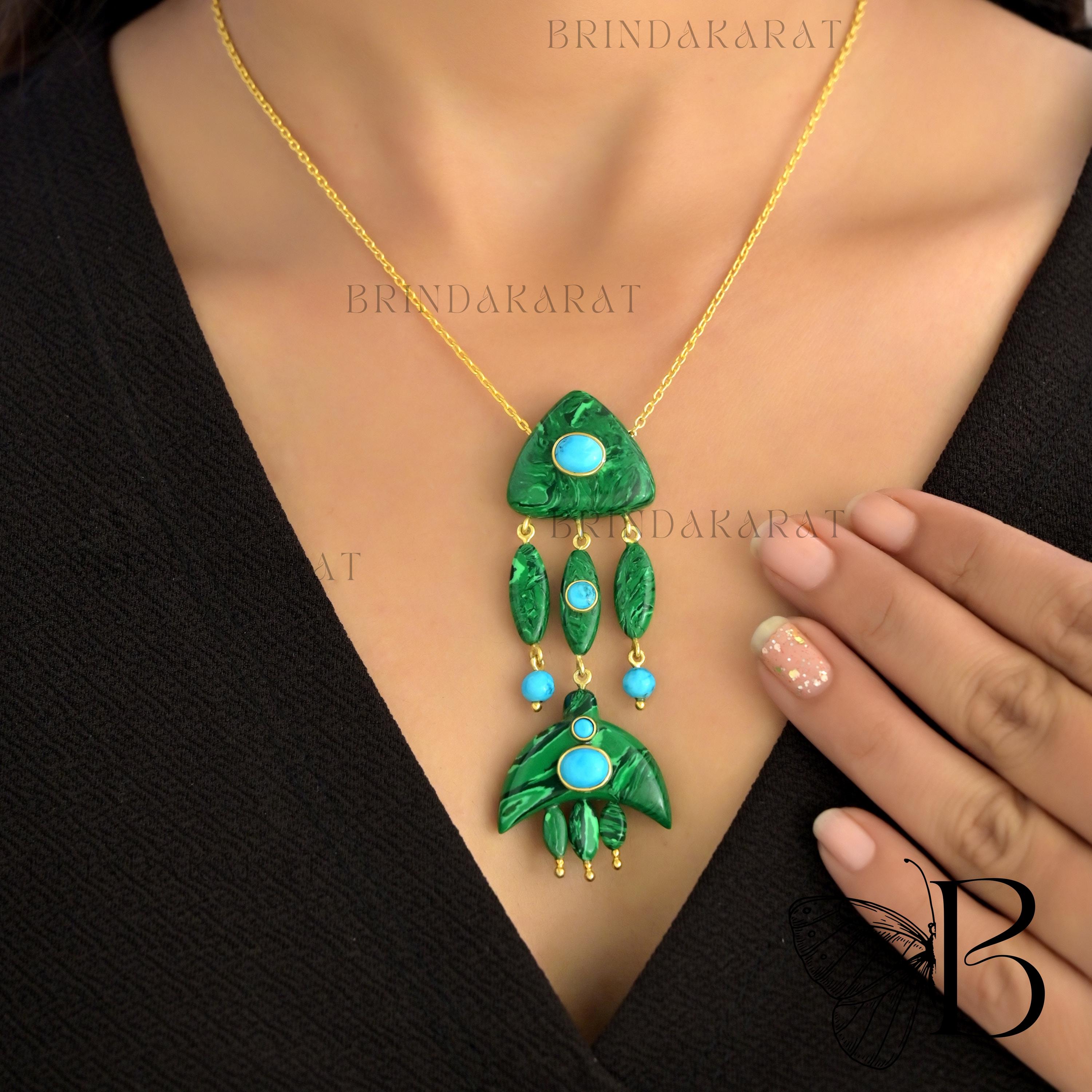 14k Gold Turquoise Fish Necklace: Hand Carved Gemstone Pendant - View 4 - Brinda Karat | SKU: BKMJN1865-SLYGMKTQ-18I 14k Gold Turquoise Fish Necklace: Hand Carved Gemstone Pendant - View 4 - Brinda Karat | SKU: BKMJN1865-SLYGMKTQ-18I
