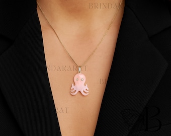 14k Gold Gemstone Octopus Pendant, Carved Octopus Pendant, Designer Octopus Pendant, Handmade Carving Octopus Charm