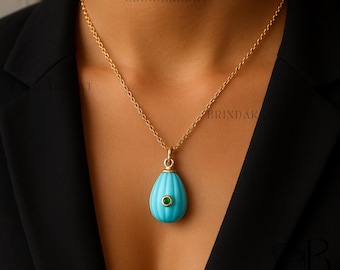 14k Gold Gemstone Drop Pendant: Malachite or Turquoise Teardrop Charm