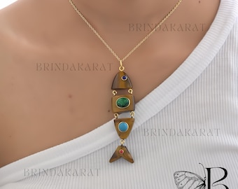 Handmade 14k Gold Carved Fish Pendant: Lucky Gemstone Charm