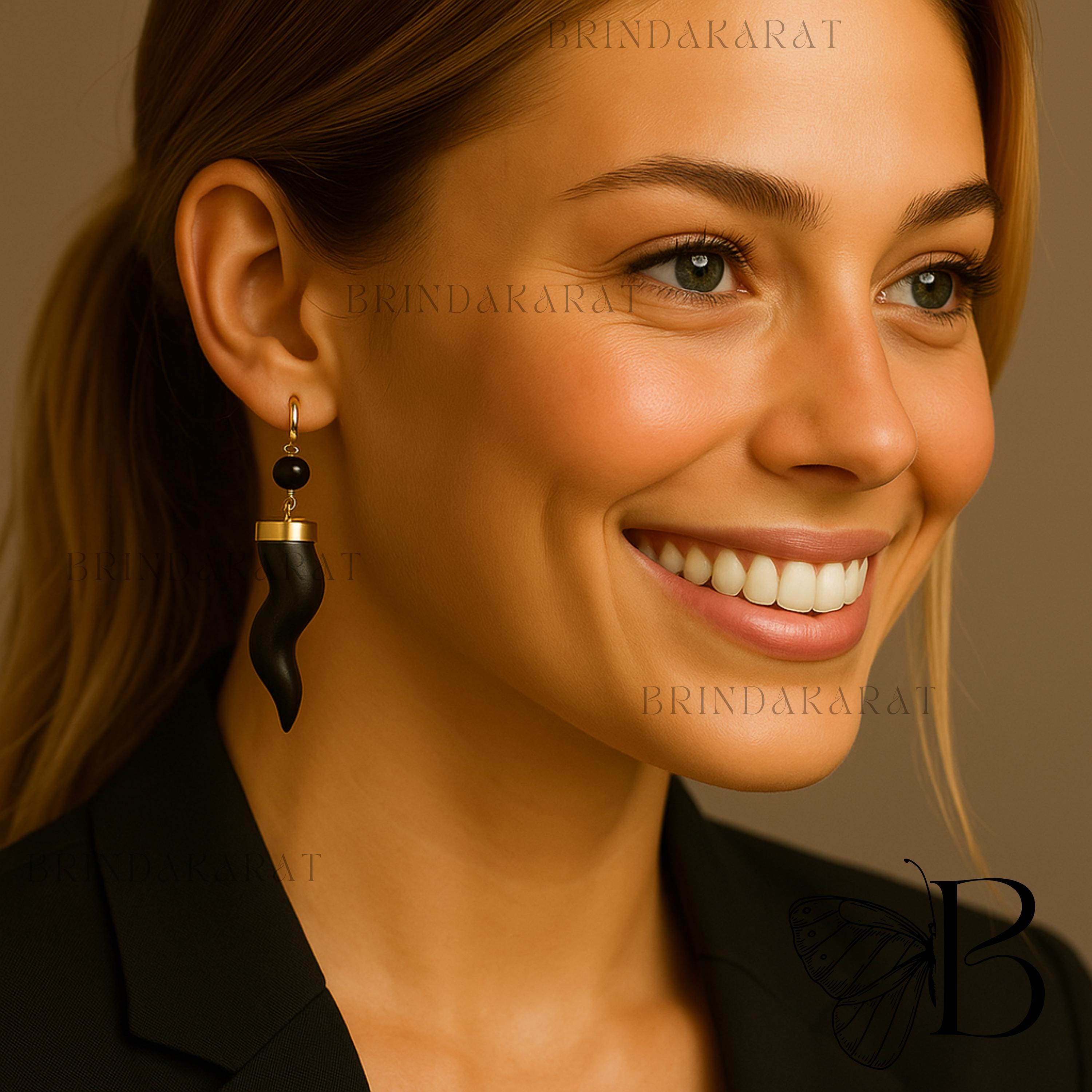 14k Gold Italian Horn Hoop Earring, Gemstone Horn Earrings - View 2 - Brinda Karat | SKU: etsy_14k-gold-italian-horn-hoop-ear 14k Gold Italian Horn Hoop Earring, Gemstone Horn Earrings - View 2 - Brinda Karat | SKU: etsy_14k-gold-italian-horn-hoop-ear