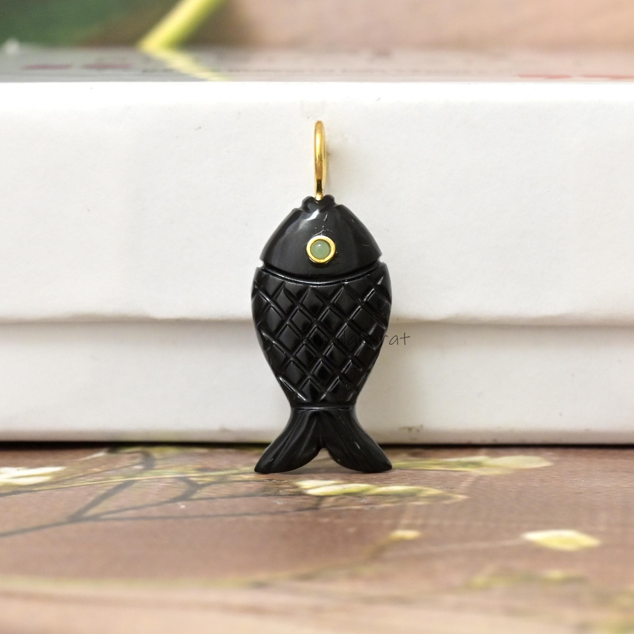 14k Gold Carved Black Onyx Fish Pendant, Carved Gemstone Fish Charm, Lucky Fish Pendant - View 3 - Brinda Karat | SKU: BKMJP5 14k Gold Carved Black Onyx Fish Pendant, Carved Gemstone Fish Charm, Lucky Fish Pendant - View 3 - Brinda Karat | SKU: BKMJP5