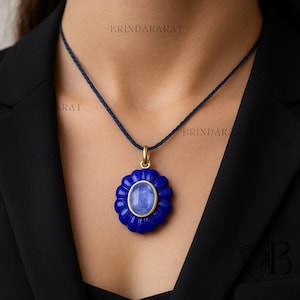 14K Gold Gemstone Flower Pendant: Hand Carved Lepis Charm