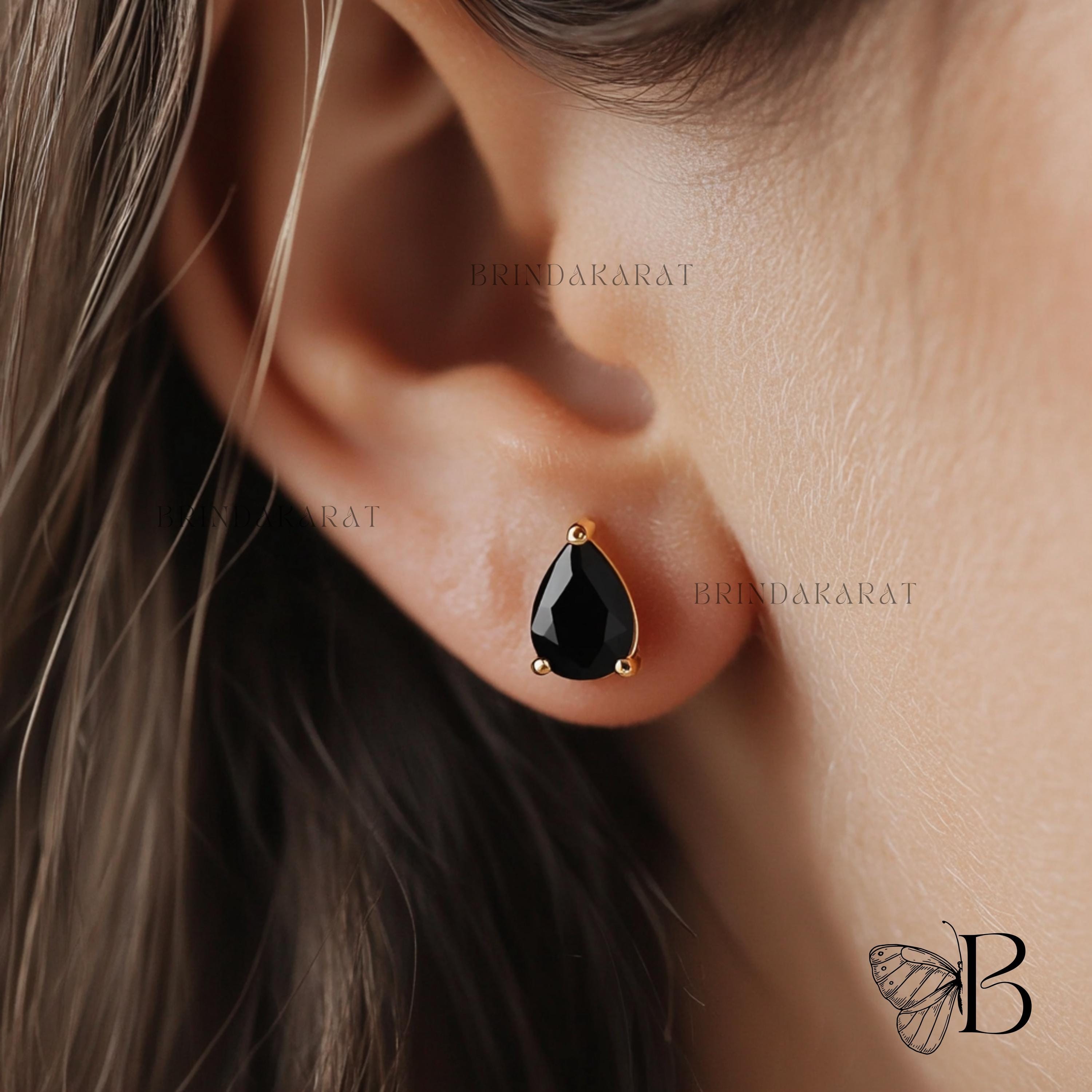 14k Gold Plated Black Onyx Teardrop Stud Earrings - View 2 - Brinda Karat | SKU: BKMJE1872-SLYGBO-10M 14k Gold Plated Black Onyx Teardrop Stud Earrings - View 2 - Brinda Karat | SKU: BKMJE1872-SLYGBO-10M