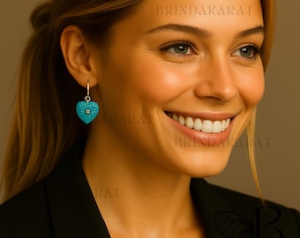14k Gold Turquoise Heart Dangle Earrings, Carved Gemstone