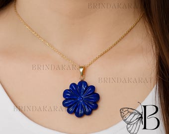 14k Gold Lapis Lazuli Flower Pendant, Carved Gemstone Charm