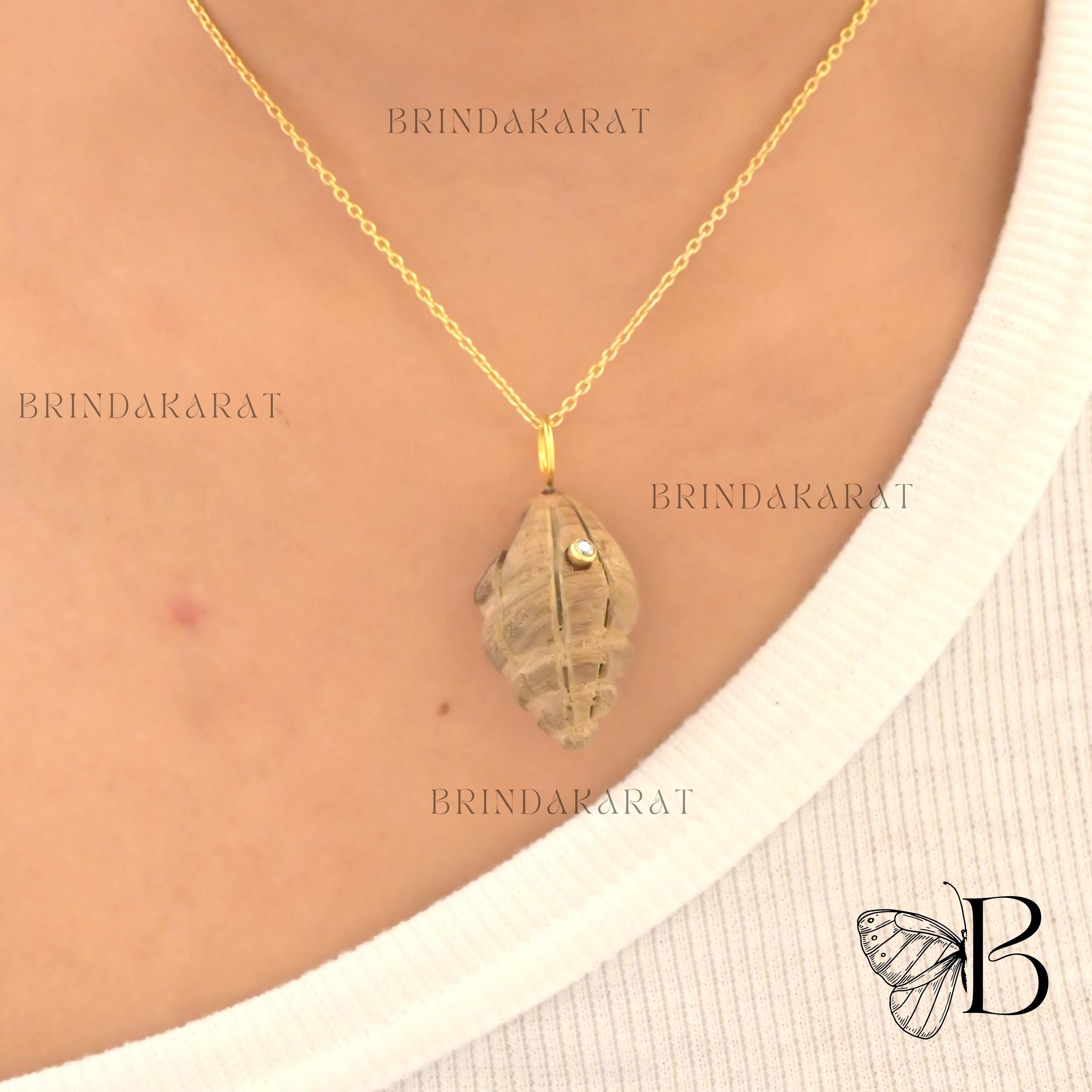14k Gold Gemstone Conch Shell Pendant - Hand Carved - View 7 - Brinda Karat | SKU: BKMJP4845-SLYGWDCZ-40M 14k Gold Gemstone Conch Shell Pendant - Hand Carved - View 7 - Brinda Karat | SKU: BKMJP4845-SLYGWDCZ-40M