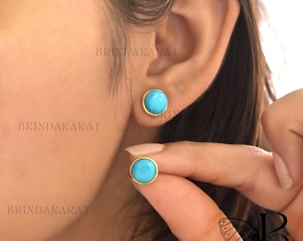 14k Gold Turquoise Stud Earrings: Natural Gemstone, 10MM