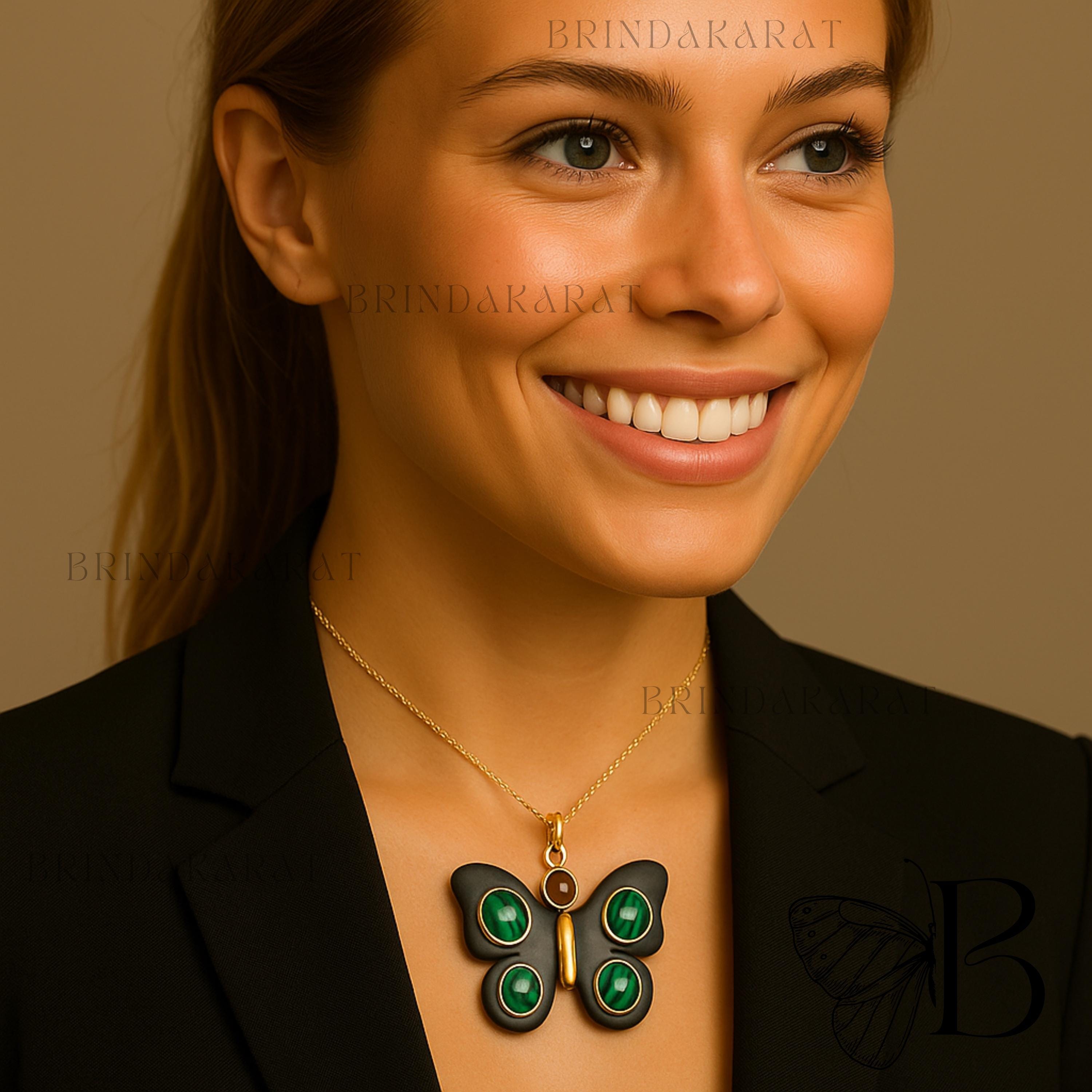 14k Gold Plated Gemstone Butterfly Pendant, Hand Carved Charm - View 2 - Brinda Karat | SKU: BKMJP5145-SLYGEWMKTE-40M 14k Gold Plated Gemstone Butterfly Pendant, Hand Carved Charm - View 2 - Brinda Karat | SKU: BKMJP5145-SLYGEWMKTE-40M