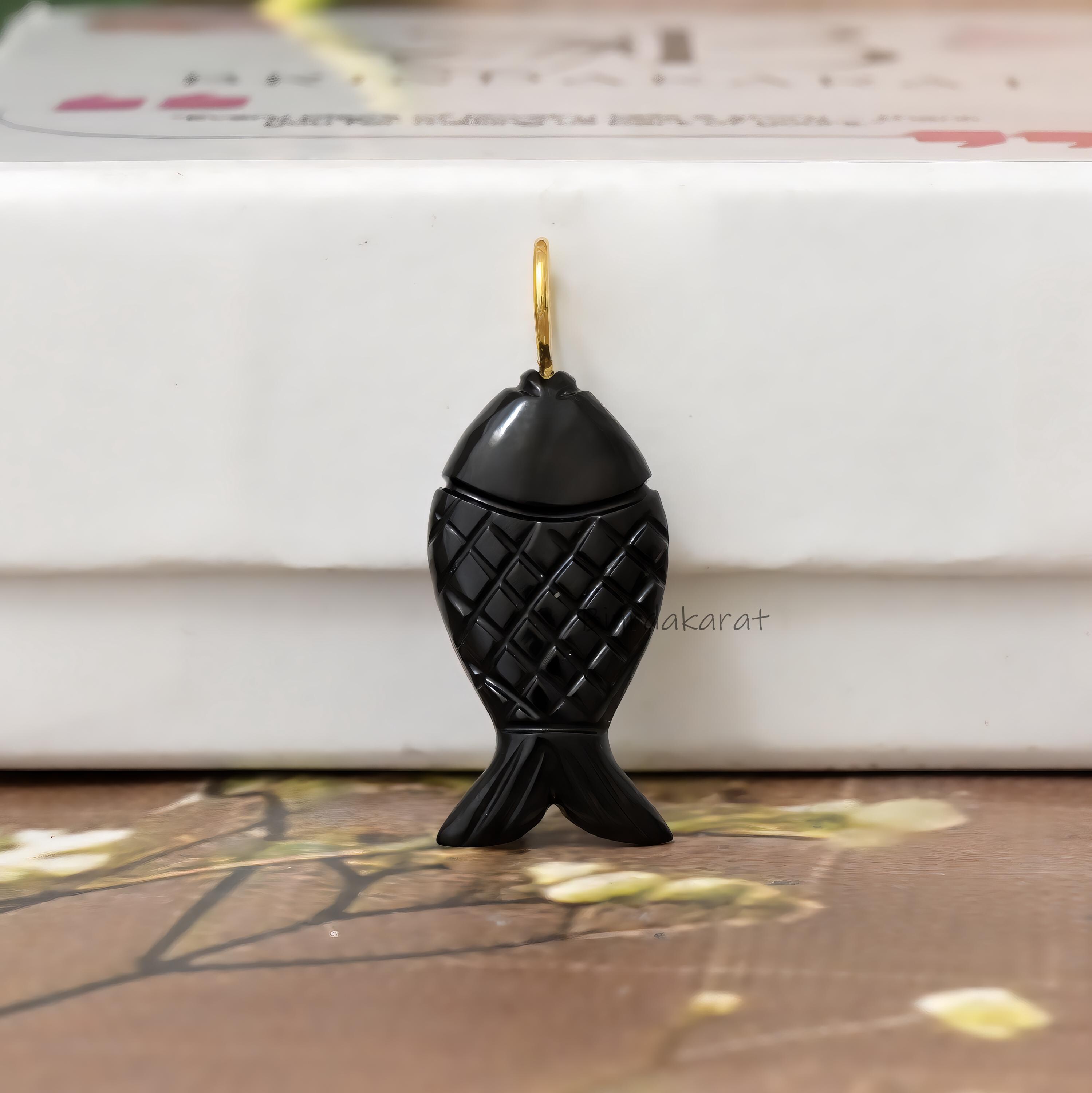 14k Gold Carved Black Onyx Fish Pendant, Carved Gemstone Fish Charm, Lucky Fish Pendant - View 4 - Brinda Karat | SKU: BKMJP5 14k Gold Carved Black Onyx Fish Pendant, Carved Gemstone Fish Charm, Lucky Fish Pendant - View 4 - Brinda Karat | SKU: BKMJP5