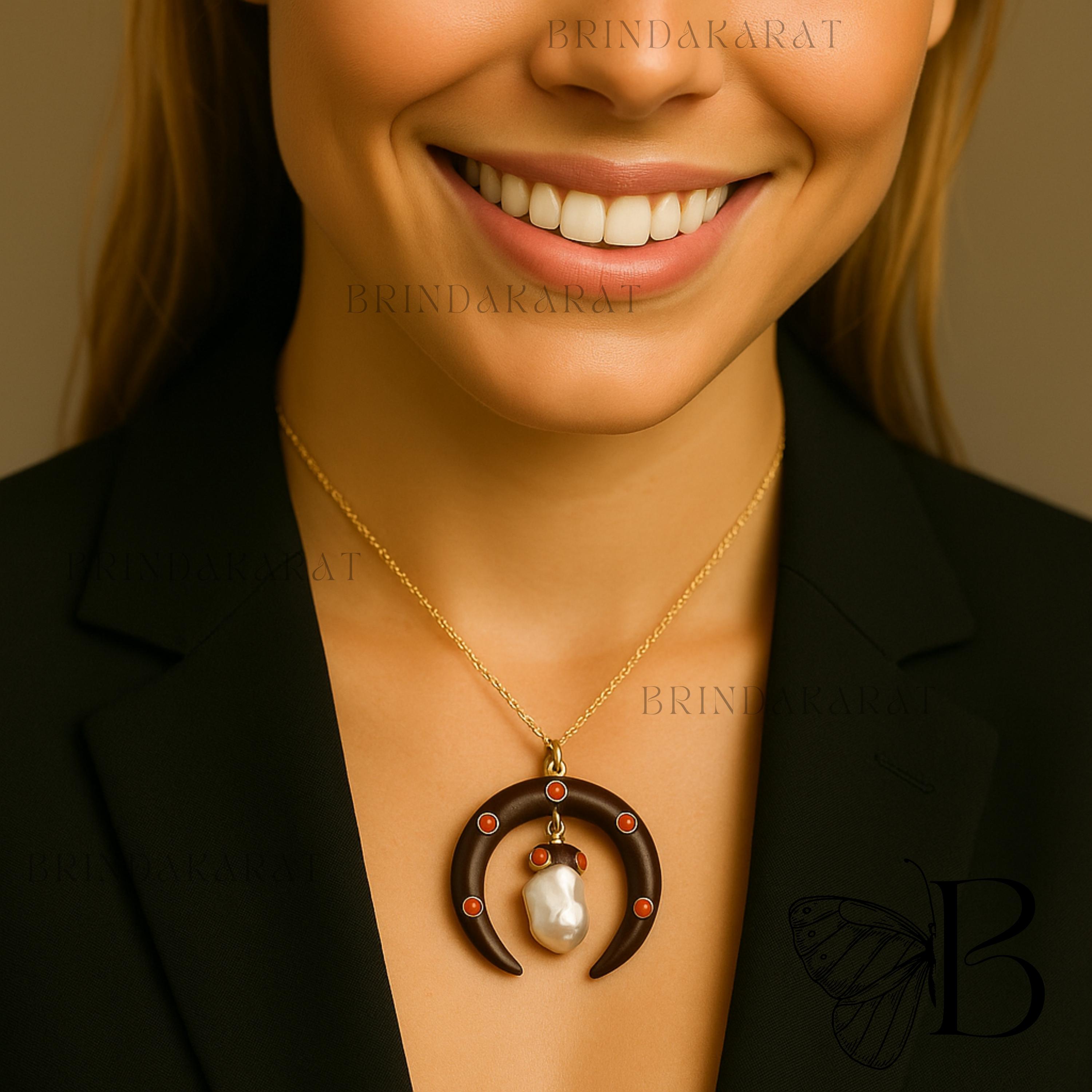 14k Gold Gemstone Crescent Moon Pendant, Handmade Crescent Moon Charm, Double Horn Pendant - View 2 - Brinda Karat | SKU: BKM 14k Gold Gemstone Crescent Moon Pendant, Handmade Crescent Moon Charm, Double Horn Pendant - View 2 - Brinda Karat | SKU: BKM