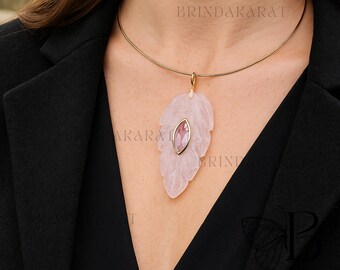14k Gold Rose Quartz Leaf Pendant, Handmade Gemstone Charm