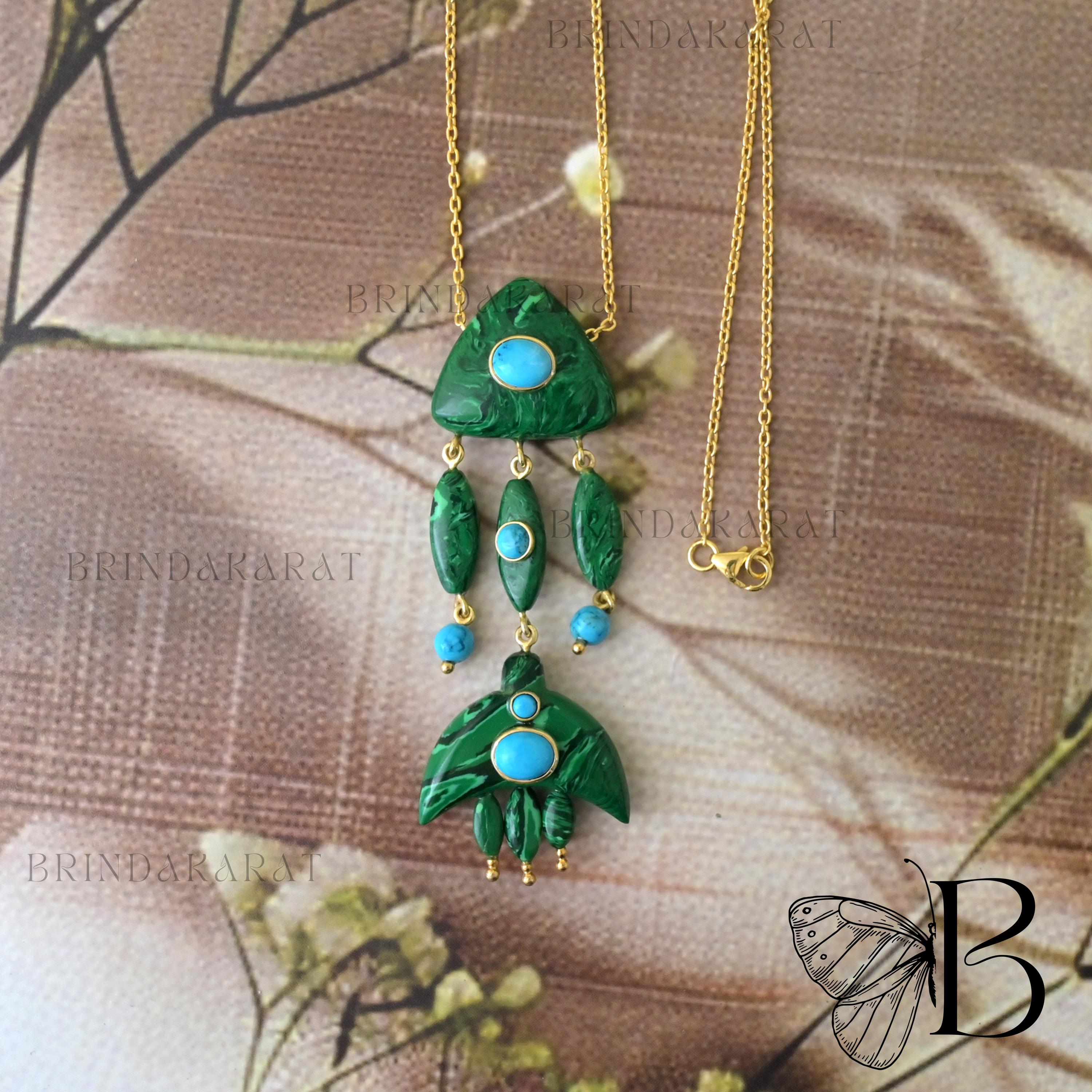 14k Gold Turquoise Fish Necklace: Hand Carved Gemstone Pendant - View 6 - Brinda Karat | SKU: BKMJN1865-SLYGMKTQ-18I 14k Gold Turquoise Fish Necklace: Hand Carved Gemstone Pendant - View 6 - Brinda Karat | SKU: BKMJN1865-SLYGMKTQ-18I