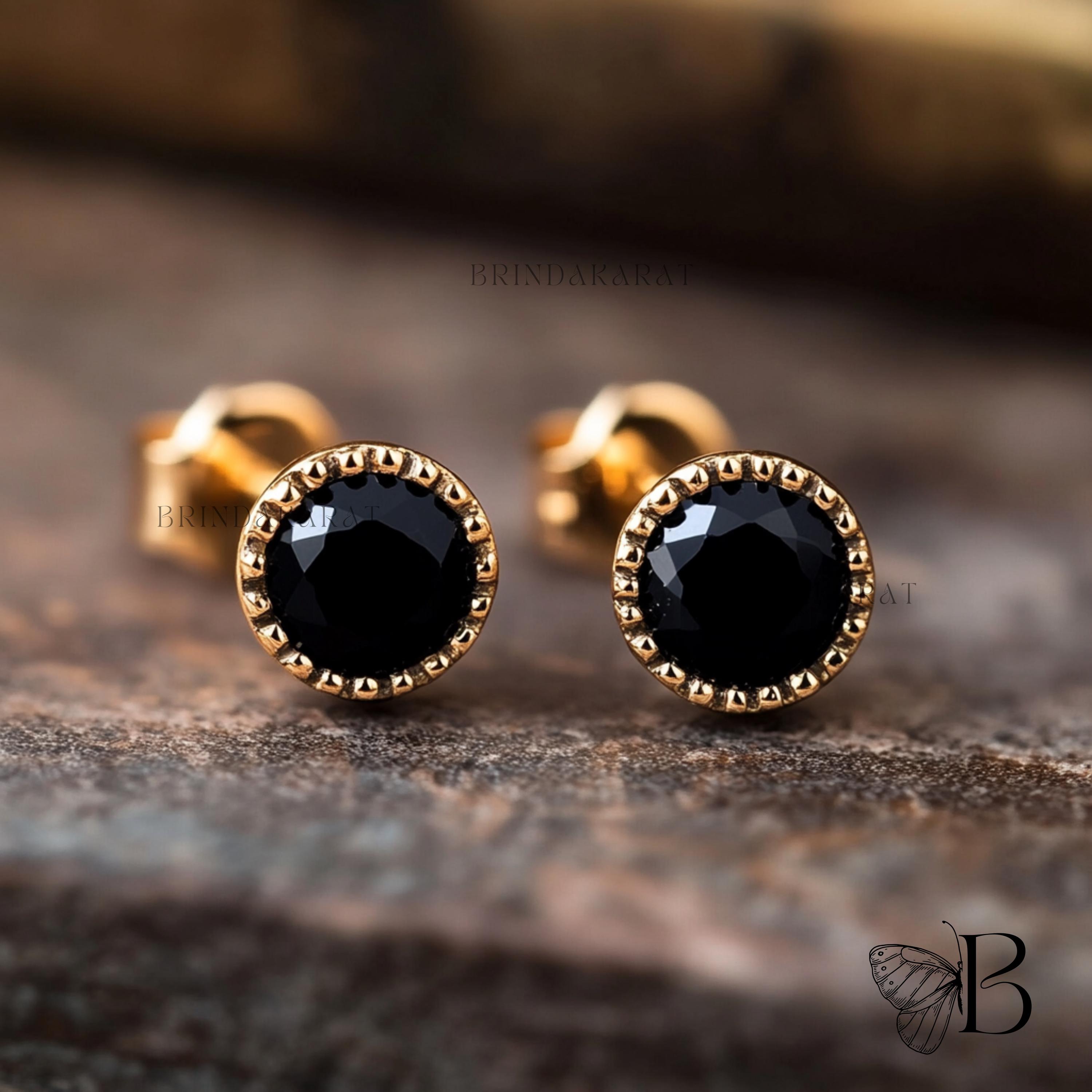 14k Gold Plated Black Onyx Stud Earrings, Gemstone Bezel Studs - Brinda Karat | SKU: BKMJE1888-SLYGBO-10M 14k Gold Plated Black Onyx Stud Earrings, Gemstone Bezel Studs - Brinda Karat | SKU: BKMJE1888-SLYGBO-10M