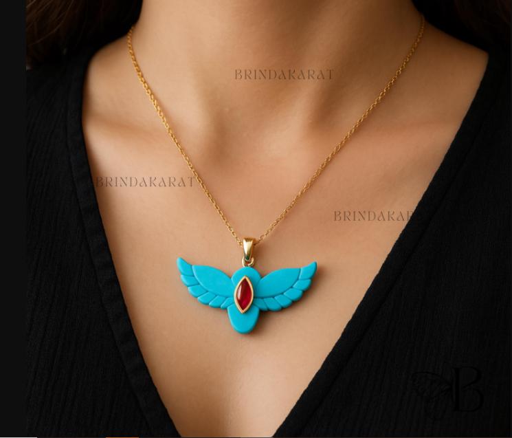 14k Gold Turquoise Eagle Pendant, Gemstone Bird Necklace - View 2 - Brinda Karat | SKU: BKMJP6049-SLYGTQRUCZ-30M 14k Gold Turquoise Eagle Pendant, Gemstone Bird Necklace - View 2 - Brinda Karat | SKU: BKMJP6049-SLYGTQRUCZ-30M