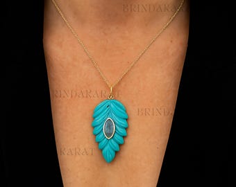 14k Gold Plated Turquoise Carved Leaf Pendant