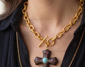 Handmade Gemstone Cross Pendant, 14k Gold Turquoise Charm