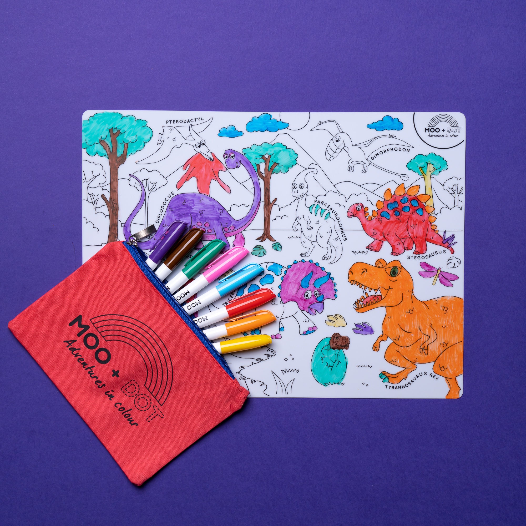 HeyDoodle Tappetino Da Colorare Riutilizzabile Dino Roar - A3 In Silicone Con 9 Pennarelli, Custodia Da Viaggio, Gioco Educativo 3-7 Anni
