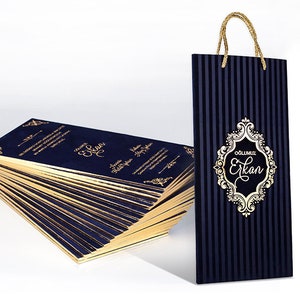 Gold Foiled Dark Blue Navy Velvet Wedding Invitation Card and Stripe Patterned Gold Foiled Dark Blue Navy Velvet Bag, Luxury Thick Invite