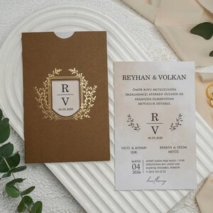 Watercolor White Wedding Invitation Card and Brown Terracotta Sleeve with Gold Foil Monogram, Minimal Invite, Printed
