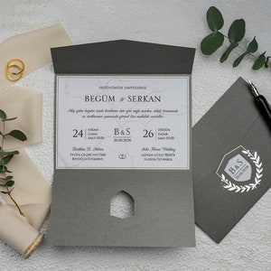 Marble Patterned Gray Flap Folded Modern Wedding Invitation Card with Silver Foiled Floral Monogram, Minimal Luxury Invite, Printed