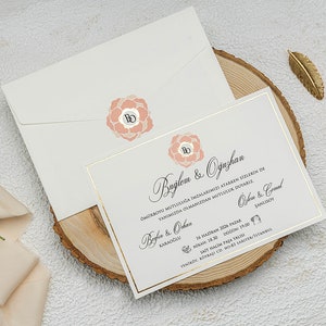 Blushing Rose Patterned White Ivory Modern Wedding Invitation Card with Gold Foiled Border and White Ivory Envelope, Minimal Invite, Printed