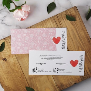 White Modern Wedding Invitation Card with Red Heart and Flower Patterned Pink Sleeve, Minimal Invite, Printed