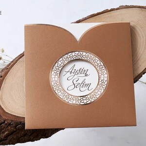 White Ivory Modern Wedding Invitation Card and Copper Foiled Brown Terracotta Sleeve, Minimal Luxury Invite, Printed