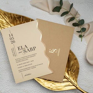 Wavy Gold Edge Brown Wedding Invitation Card and Gold Foiled Brown Terracotta Envelope, Minimal Invite, Printed