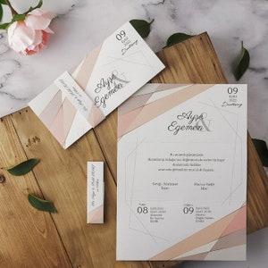 Multicolor Pastel Toned Detailed White Flap Folded Modern Wedding Invitation Card with Belly Band, Minimal Colorful Invite, Printed