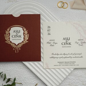 Floral Botanical Patterned Ivory Wedding Invitation Card and Burnt Brick Color Sleeve with Gold Foiled Monogram, Minimal Invite, Printed