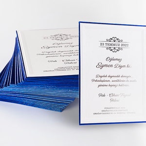 Sax Royal Blue Edged White Wedding Invitation Card with Embossed Border and White Envelope, Luxury Thick Invite, Printed