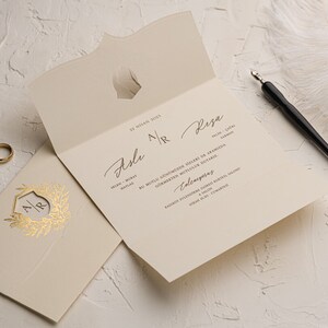 Cream Beige Flap Folded Modern Wedding Invitation Card with Gold Foiled Floral Botanical Monogram, Minimal Luxury Invite, Printed