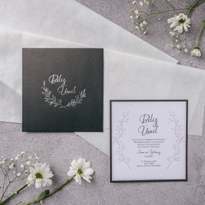 Leaves Pattern White Modern Wedding Invitation Card with Gray Border - Floral Botanical Silver Foiled Dark Gray Sleeve, Minimal Invite