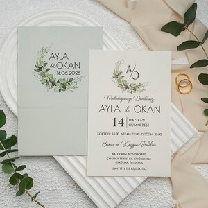 Floral Botanical White Ivory Wedding Invitation Card with Green Leaves and Mint Green Envelope, Minimal Invite, Printed