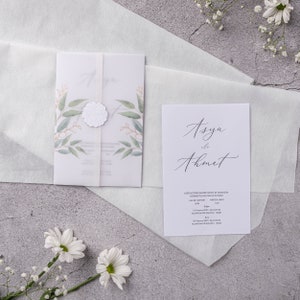 Green Leaves Patterned White Translucent Vellum Paper Coated White Wedding Modern Invitation Card with White Seal, Minimal Invite, Printed