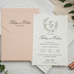 Wavy Floral Botanical White Modern Wedding Invitation Card and Salmon Envelope, Minimal Invite, Printed