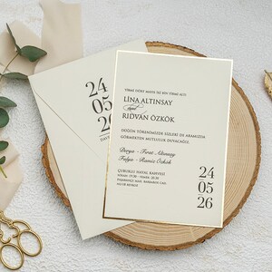Embossed Leaves Patterned Gold Foil Edge Cream Ivory Modern Wedding Invitation Card and Cream Ivory Envelope, Minimal Luxury Invite, Printed
