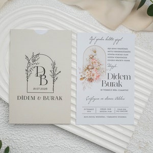 Floral Botanical White Modern Wedding Invitation Card with Salmon Flowers and Cream Beige Sleeve, Minimal Luxury Invite, Printed