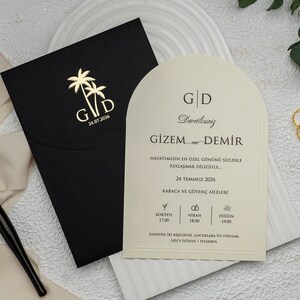 Oval Curved Arched Cream Wedding Invitation Card with Embossed Border - Gold Foil Palm Tree Black Envelope, Floral Botanical Invite, Printed