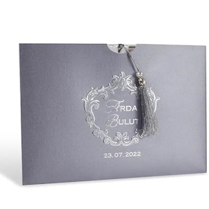 Silver Foiled Edged White Wedding Invitation Card with Silver Tassel and Silver Foiled Metallic Gray Sleeve, Luxury Thick Invite, Printed